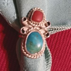 NWT-NEW- STERLING, CORAL & TURQUOISE RING.5.5/125 * VINTAGE